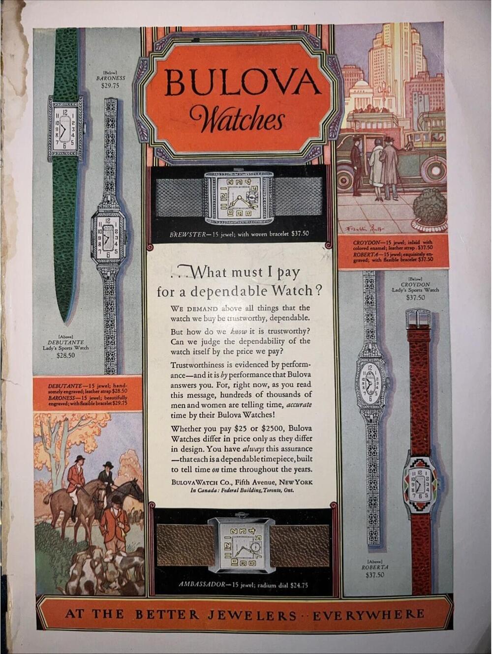 Bulova Watches Ad: Bulova-At The Better Jewelers -1927 Size 11 x 14 inch